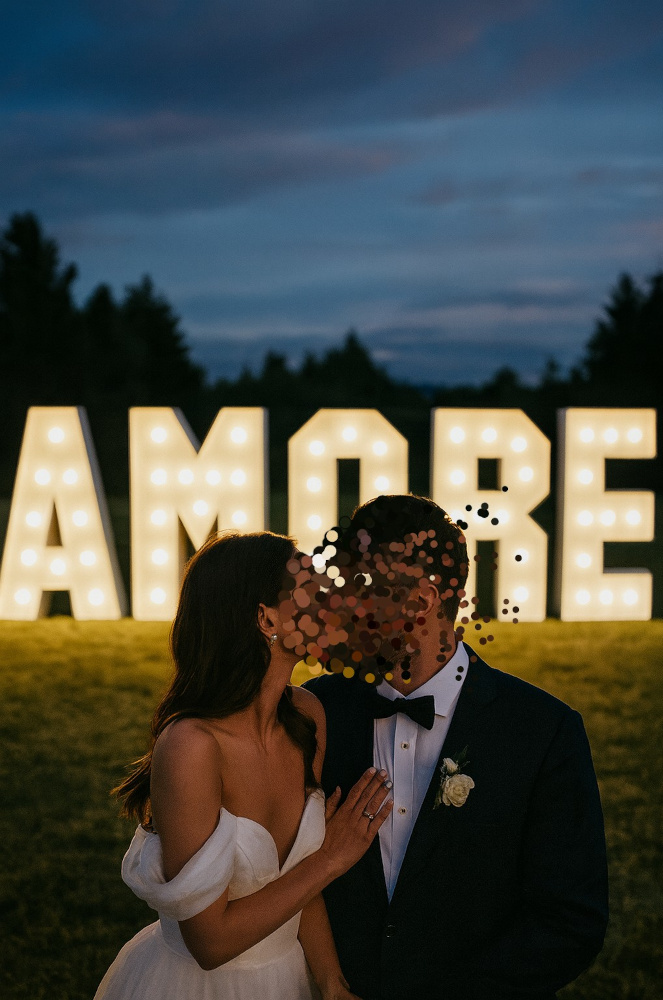 Bílý nápis „AMORE“ ve stylu RETRO (s žárovkami).