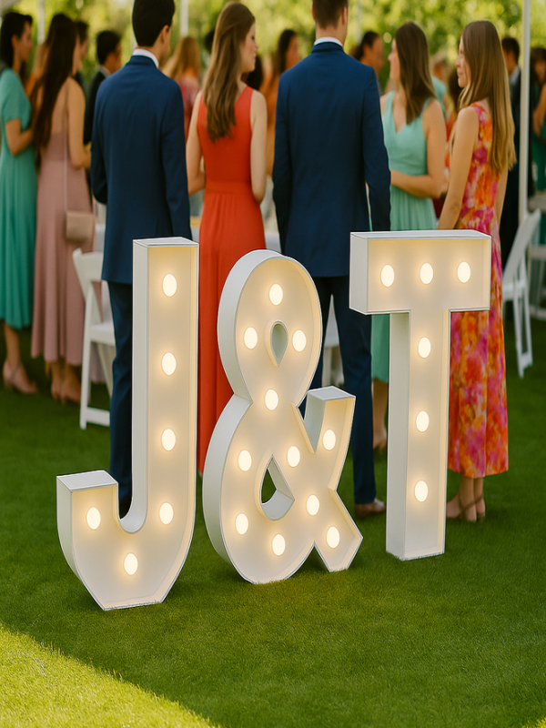 Písmeno J – svíticí dekorace LED s žárovkami na akce a svatby