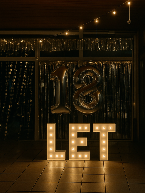 Bílý nápis „LET“ ve stylu RETRO (s žárovkami).