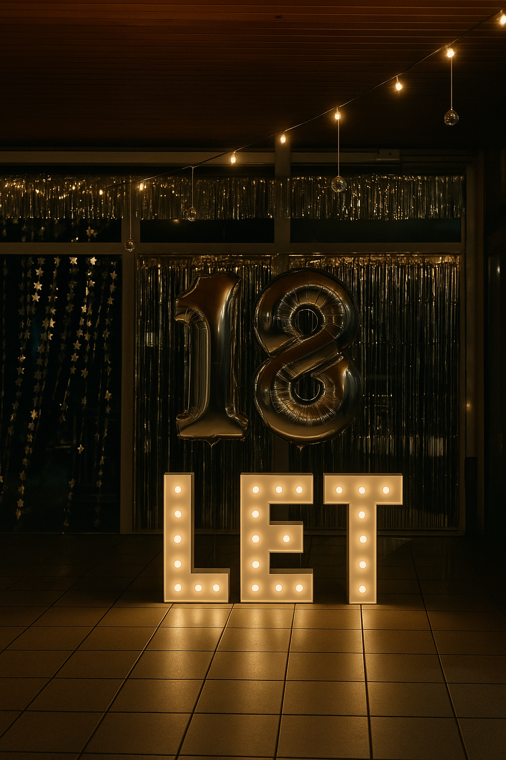 Bílý nápis „LET“ ve stylu RETRO (s žárovkami).