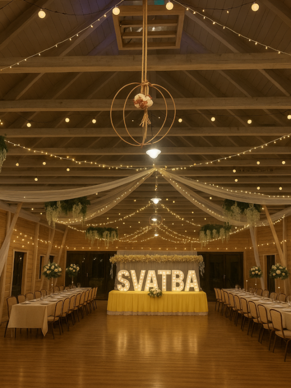 Bílý nápis „SVATBA“ ve stylu RETRO (s žárovkami).