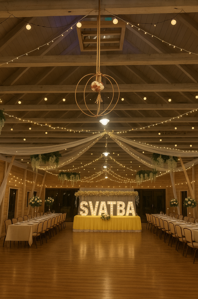 Bílý nápis „SVATBA“ ve stylu RETRO (s žárovkami).